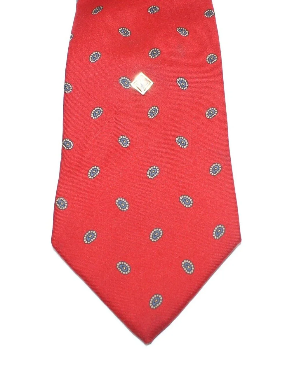 Vintage Gold Tone & Red Enamel Diamond Shape Floral Design Tie Tack with Chain.